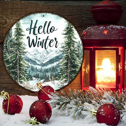 Round Christmas Metal Tin Sign Hello Winter Sign Christmas Pine Trees Welcome Door Sign Xmas Winter Holiday Farmhouse Rustic Wreath Sign for Indoor Outdoor Home Wall Window Decor 12*12 in