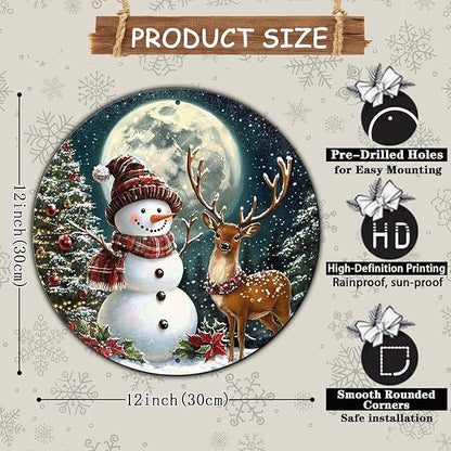 Christmas Snowman Decor Round Metal Tin Sign Christmas Deer Vintage Tin Sign for Home Coffee Wall Decor for Christmas Family Wall Decoration 12 * 12 in