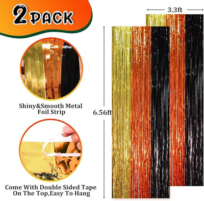 2 Pack Black Gold Orange Foil Fringe Backdrop Curtains, Tinsel Streamers Party Decorations, Fringe Backdrop, Door Shimmer for Construction or Birthday Party