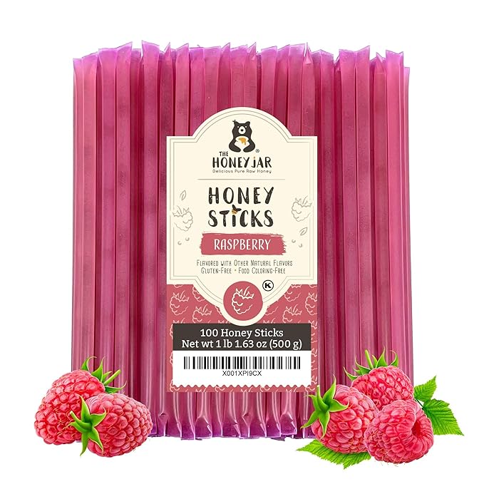 The Honey Jar Raspberry Flavored Honey Sticks - Pure Honey Straws For Tea, Coffee, or a Healthy Treat - One Teaspoon of Flavored Honey Per Stick - Made In The USA with Real Honey - (100 Count)