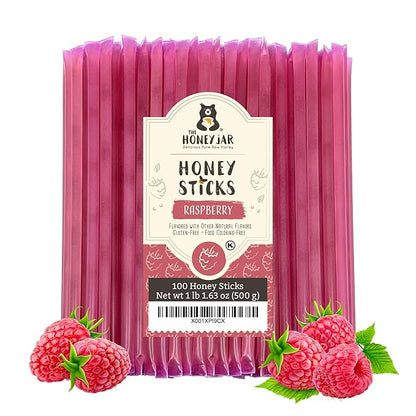 The Honey Jar Raspberry Flavored Honey Sticks - Pure Honey Straws For Tea, Coffee, or a Healthy Treat - One Teaspoon of Flavored Honey Per Stick - Made In The USA with Real Honey - (100 Count)