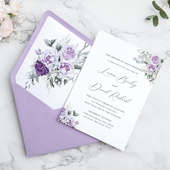 PONATIA 50PCS A7 Euro Flap Envelopes, 5.25 x 7.25'' Lilac Flowers Liner Envelopes for 5x7 Weddings Invitations, Photos, Postcards, Greeting Cards, Christmas Gift Cards, Acrylic Mailing