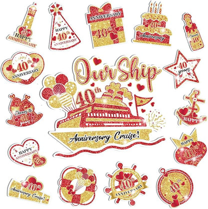 40th Anniversary Cruise Door Magnets Decorations Red Gold Happy 40th Anniversary Cruise Ship Door Decor Magnetic for Married in 1985 Men Women Wedding Party Refrigerator Fridge Car Kitchen Garage
