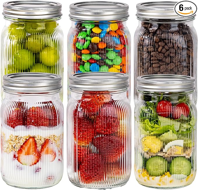 WELLIFE 6 Pcs Wide Mouth Mason Jars 32 OZ,Large Mason Jars for Food Storage, Overnight Oats,Honey,Sauces,Meal Prep,Salad,Yogurt