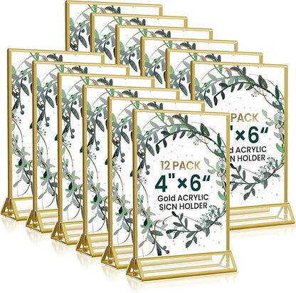 Acrylic Gold Sign Holders 4x6, 12 Pack Wedding Gold Table Number Holders, Double Sided Photo Display Picture Frame Paper Stand, Clear Flyer Stand Menu Holder for Wedding, Home, Party, Restaurant