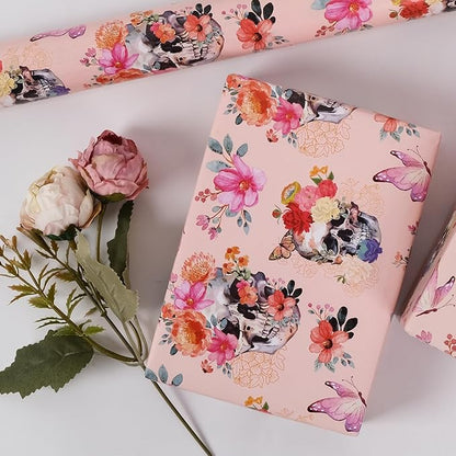 Aimyoo Gothic Wrapping Paper Roll, 17 Inch X 16.5 Feet Skull Floral Butterfly Design Gift Wrap Paper for Mother's Day, Birthday Bridal Shower