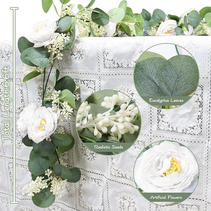 MAKHOT 2Pack White 6.6Ft Artificial Eucalyptus Garland with Flowers, Fake Rose Gypsophila Vine Rose Garlands Decor, Floral Flower Greenery Garland for Wedding Home Table Decor (White)