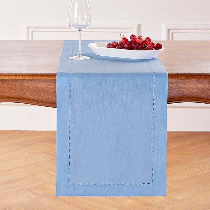 Solino Home Linen Cornflower Blue Hemstitch Table Runner 60 Inches - 100% Pure Linen Small Table Runner 14 x 60 Inch Ideal for Dresser and Coffee Tables - Classic Hemstitch - Christmas, Holiday