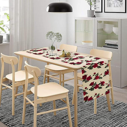 Vintage Rose Table Runner, Red Flowers Green Leaves Valentine's Day Table Runner for Kitchen Dinning Table Runner Decor Home Wedding Party Holiday, 13x90 Inch