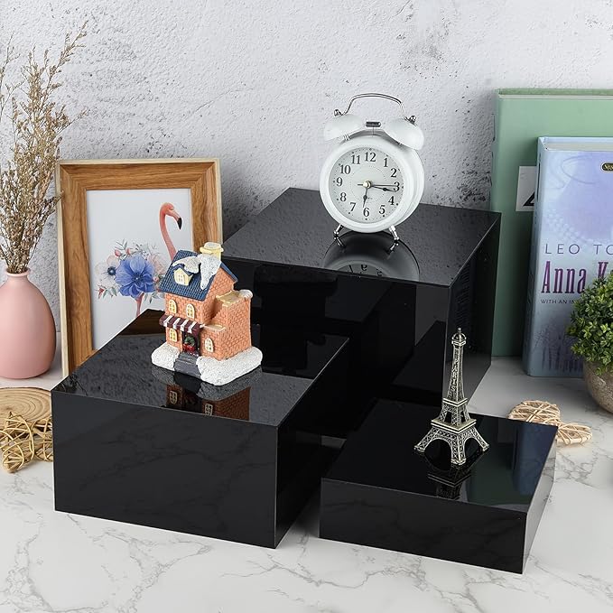 3Pcs Black Buffet Risers Acrylic Boxes Display Food Risers for Buffet Table Platter Parties Weddings Catering Dessert Collectibles Figures Show ( 6''x7''x8'')