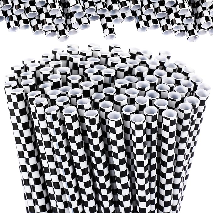 Domensi 50 Pcs Black and White Checkered Racing Straws Plastic Disposable Drinking Straws Hard Plastic Reusable Striped Flag Party Supplies for Race Car Sports Themed Birthday Decoration