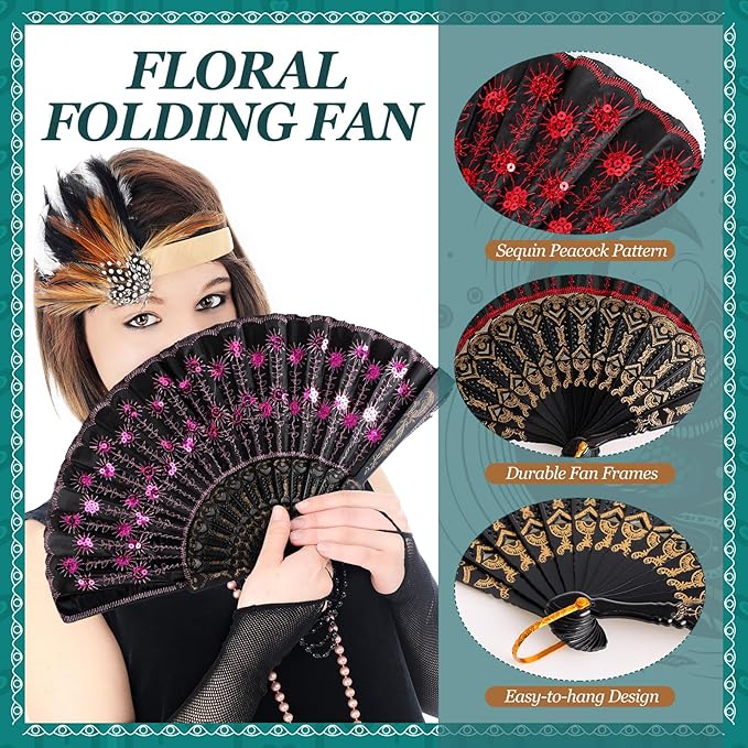 Geetery 30 Pcs Folding Hand Fan for Line Dancing Spanish Boots on The Ground Fans Gifts Bulk Colorful Silk Popping Rave for Women Tea Party Wedding Church Halloween Costume(Embroidery,Vintage Colors)