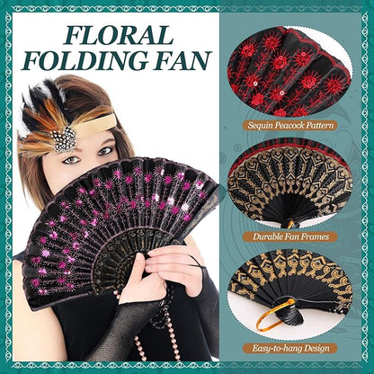 Geetery 30 Pcs Folding Hand Fan for Line Dancing Spanish Boots on The Ground Fans Gifts Bulk Colorful Silk Popping Rave for Women Tea Party Wedding Church Halloween Costume(Embroidery,Vintage Colors)