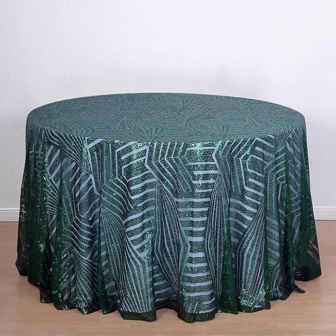 Efavormart 120" Hunter Emerald Green Sparkly Sequin Geometric Tulle Round Tablecloth