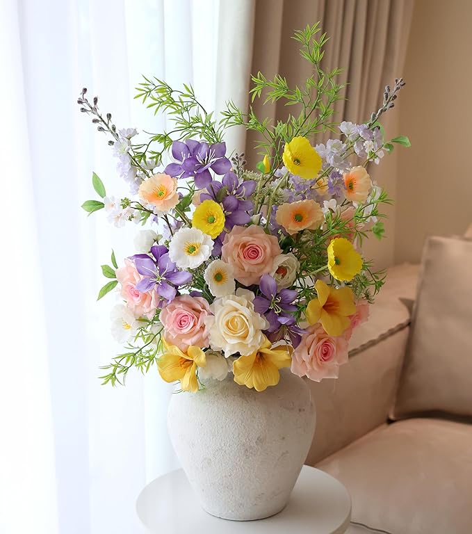 Artificial Flowers Bouquets for Bridal Wedding Home Decor Fake Floral Arrangements for Party Table Centerpieces DIY Silk Flower Set Spring Summer Indoor Outdoor (Combo Pink/Yellow)