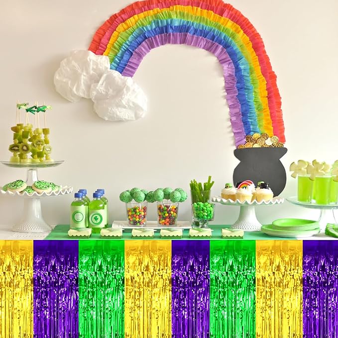 3 Pack 29x108 Inch Gold Green Purple Foil Fringe Table Skirts Metallic Banner for Tinsel Streamer Garland Backdrop for Parade Floats Wedding Thanksgiving Birthday Christmas Halloween Party Decoration
