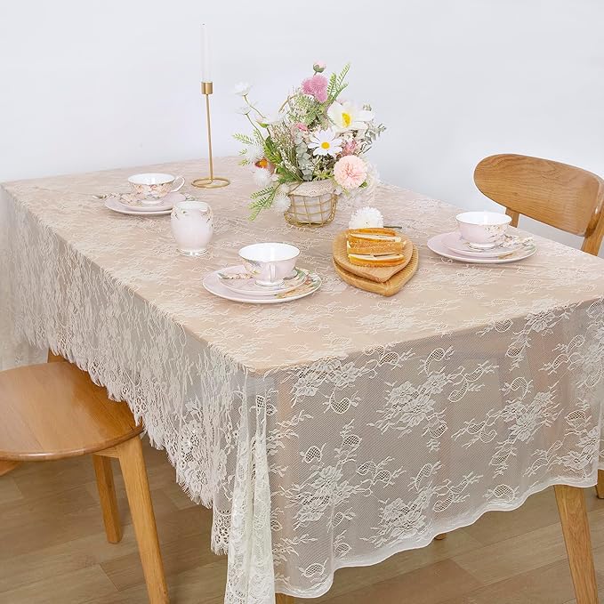 LuoluoHouse Pack of 6 Lace Tablecloth Ivory Table Fabric 60x120 Inch for Rustic Boho Wedding Bridal Shower Party Decorations Rectangle Overlay Long Vintage Embroidered Reception Table Cloth Decor