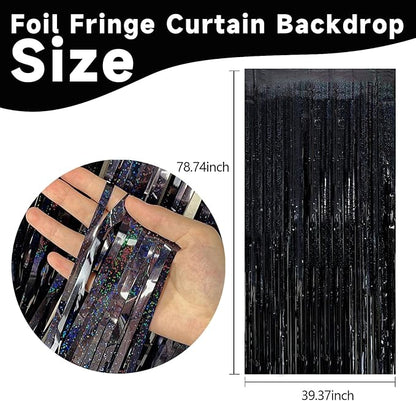 2 Pack Black Foil Fringe Curtain Backdrop Black Streamers Tinsel Backdrop Halloween Party Decor Birthday Wednesday Graduation Wizard Party Decorations for Men
