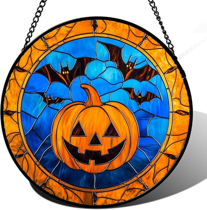 Stained Glass Window Hanging - Halloween Evil Pumpkin Suncatcher for Doors Window Garden Indoor Spooky Brown Bat Sun Catchers Gothic Decor Horror Gifts for Women Men Friend Boy Girl 9.8 in
