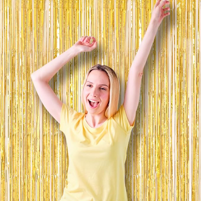 2 Pack Laser Gold Foil Fringe Backdrop Curtains, Tinsel Streamers Birthday Party Decorations, Fringe Backdrop for Graduation, Baby Shower, Gender Reveal, Disco Party