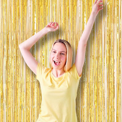2 Pack Laser Gold Foil Fringe Backdrop Curtains, Tinsel Streamers Birthday Party Decorations, Fringe Backdrop for Graduation, Baby Shower, Gender Reveal, Disco Party