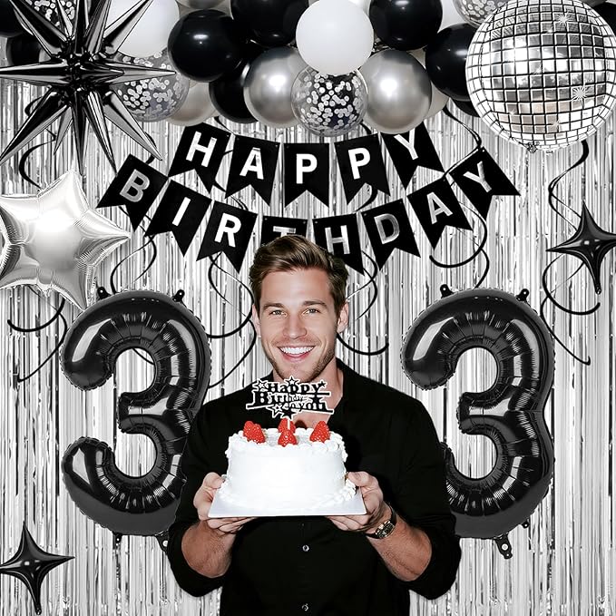 33rd Birthday Decorations for Men Women, Black Silver Happy Birthday Party Decorations， 33 Year Old Party Supplies with Number 33 Balloons, Banner, Fringe Curtains Kit