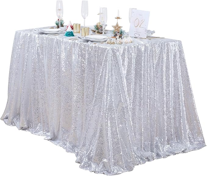 QueenDream Tablecloth 90x156 Rectangle Sequin Tablecloth Silver Wedding Table Linens Glitter Birthday Bridal Party Indoor Outdoor Decorations