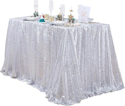 QueenDream Tablecloth 90x156 Rectangle Sequin Tablecloth Silver Wedding Table Linens Glitter Birthday Bridal Party Indoor Outdoor Decorations
