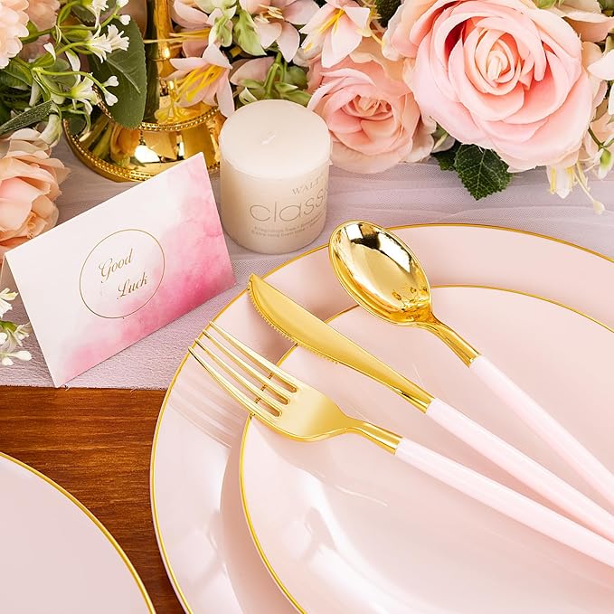 Liacere 150PCS Plastic Plates-Gold Plastic Silverware with Pink Handle - Pink Disposable Plates Include 30 Guests Plates, Forks, Spoons, Knives for Wedding ＆ Easter Day ＆Mother's Day