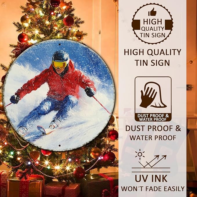Round Ski Vintage Metal Sign Skiing Sign, Office Sign Home Décor Ski Lodge Décor Cabin Tin Sign 12 * 12 in