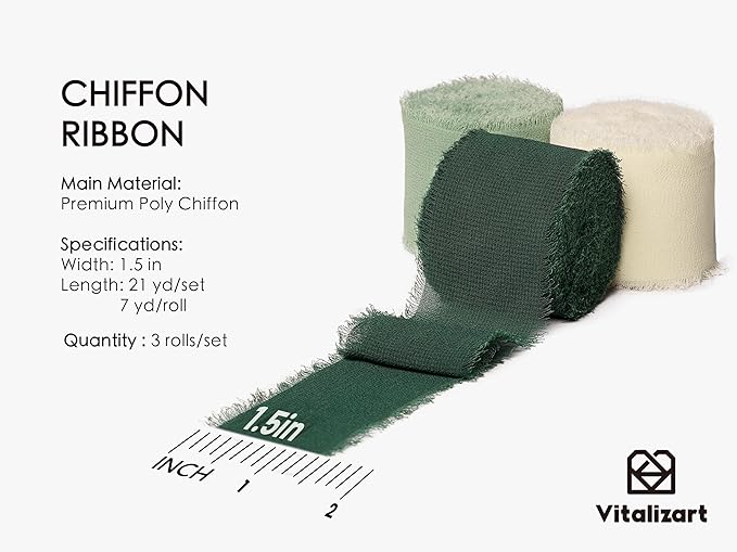 Vitalizart Handmade Chiffon Silk Ribbon Fringe Green & Cream 1.5" x 21 Yd Frayed Edges Ribbons for Wedding Invitations Bridal Bouquets Gifts Wrapping Crafts Holiday Party Decorations