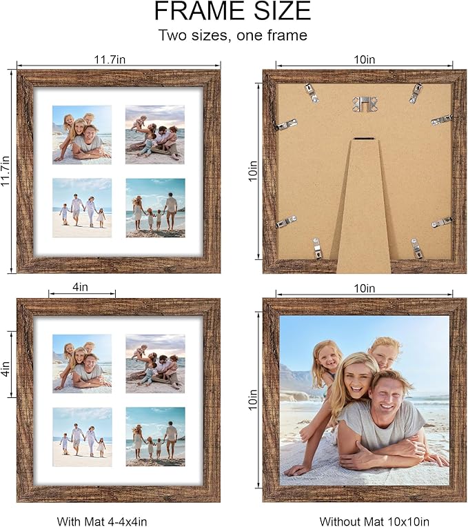 10x10 Picture Frame Set of 2, Real Glass and Rustic Brown Collage Frame, Display Pictures Four Opening 4x4 With Mat or 10 x 10 Without Mat for Wall Hanging or Tabletop