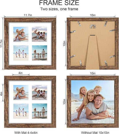10x10 Picture Frame Set of 2, Real Glass and Rustic Brown Collage Frame, Display Pictures Four Opening 4x4 With Mat or 10 x 10 Without Mat for Wall Hanging or Tabletop