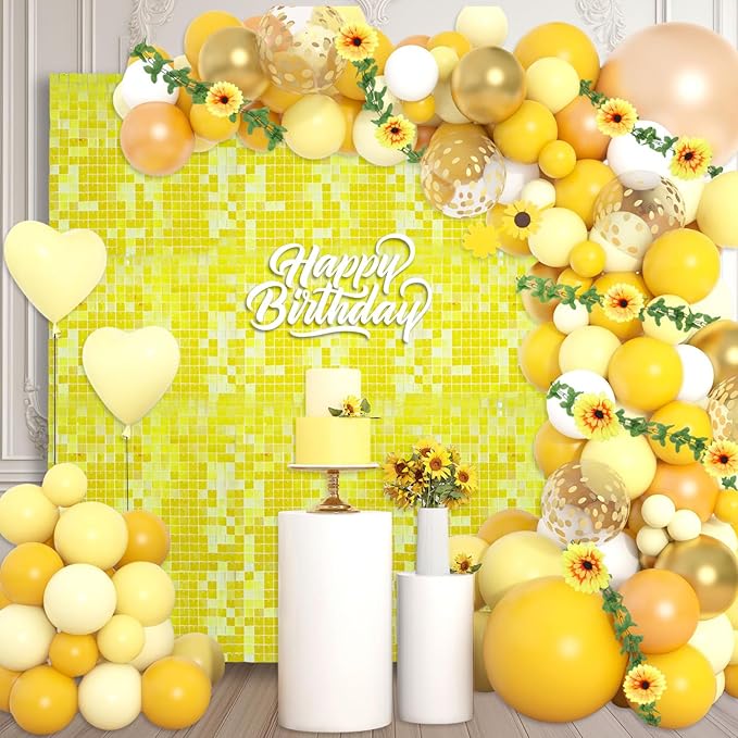 12PCS Colorful Yellow Shimmer Wall Backdrop, Square Sequin Photo Backdrops Panel, Glitter Wall Background for Birthdays, Weddings, Christmas, Engagements, Disco Bachelorette Party Decor (3FTx4FT)
