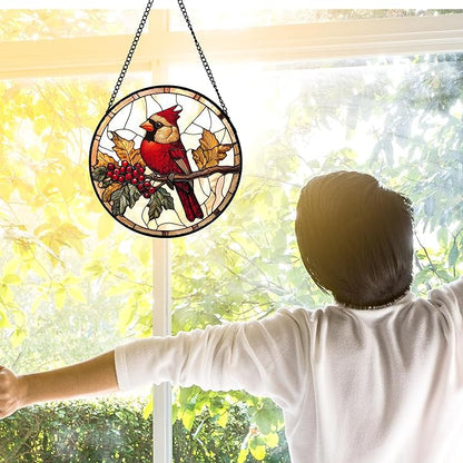 Stained Glass Window Hanging, Birds on a Branch Cardinal Sun Catchers Diamond Glass Panel Hangings Suncatcher Decor for Birthday for Women, Men, Wife, Aunt, and Mom 6.3 in