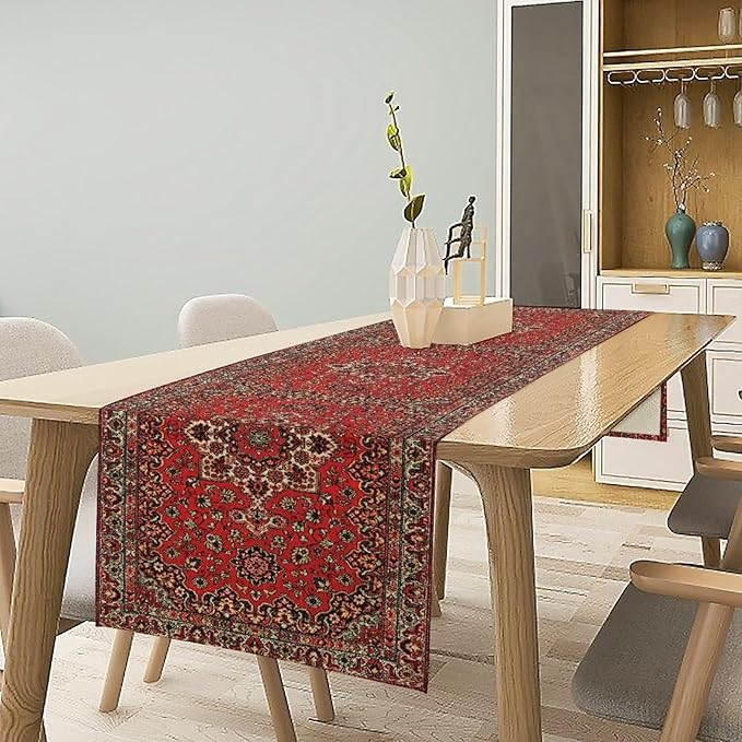 Vintage Boho Red Table Runner,Elegant Mid Century for Home Farmhouse Kitchen Table Dining Coffee Room Garden Party Wedding Decor 13x60in