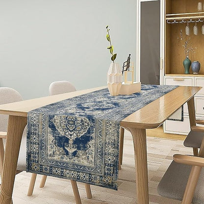 Vintage Boho Floral Table Runner, Rustic Country Farmhouse Blue Teal Retro Flower Pattern for Home Kitchen Table Decor Dining Coffee Room Party Decor 13x120in
