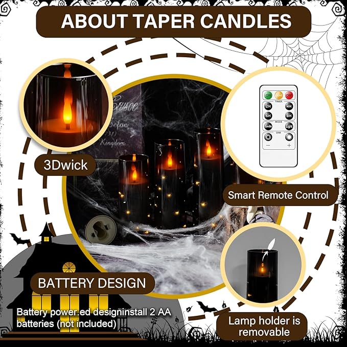 Flameless LED Candles with Timer 9 Pc Flickering Flameless Candles for Romantic Ambiance and Home Decoration Stable Acrylic Shell,with Embedded Star String,Battery Operated Candles（Black）