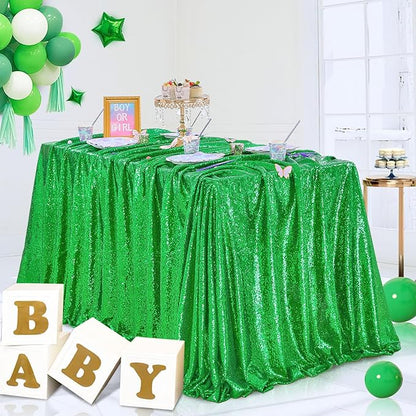 QueenDream Sequin Tablecloth - Green Party Tablecloth 90x156 Inch Green Glitter Table Cloth Sequin Fabric for Birthday Birdal Baby Shower Wedding