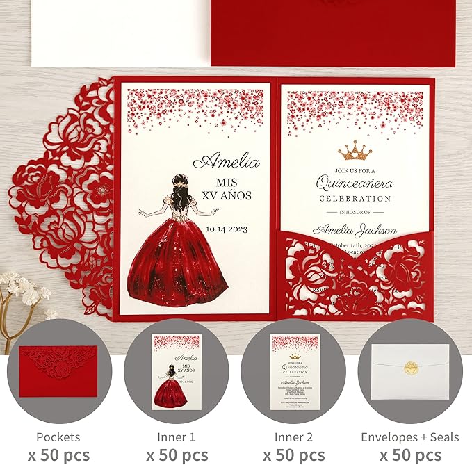 DORIS HOME 50pcs Laser Cut Quinceanera Invitations Red, 4.7x7.1 Personalized Quince Invitations for 15th Birthday, Invitation cards for Sweet 16 with Envelopes