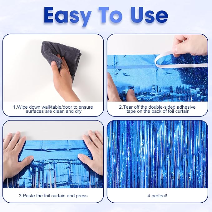 2 Pack Blue Tinsel Foil Fringe Curtains, Blue Party Decorations, Metallic Tinsel Party Streamers Backdrop for Birthday Baby Shower Graduation Wedding Anniversary Party Decorations