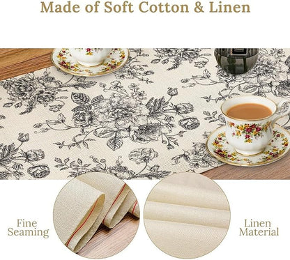 Vintage Flower Table Runner, Black White Wildfloral Floral Sketch Print Kitchen Dinning Table Runner for Indoor Outdoor Home Wedding Party Holiday, 13x120 Inch