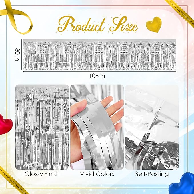 3 Pack Red Dark Blue Silver Table Skirts, 29x108" Metallic Foil Tinsel Fringe Table Skirt for Rectangle Tables Streamer Curtains Backdrop, Party Decorations for Birthdays, Weddings, Holidays
