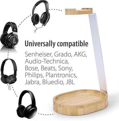 Avantree TR902 - Universal Wooden & Aluminum Headphone Stand Hanger with Cable Holder, Sturdy Desk Headset Mount Rack