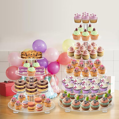 YestBuy 4 Tier Round Acrylic Cupcake Stand with Base, Premium Cupcake Holder, Acrylic Cupcake Tower Display Cady Bar Party Décor – Display for Pastry (4" Between 2 Layers with Base)