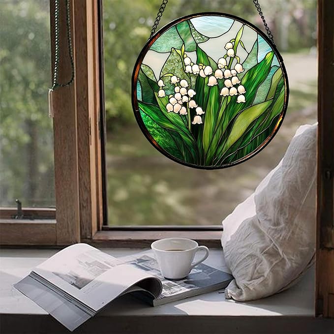 Stained Glass Window Hanging - White Green Lily of The Valley Suncatcher for Doors Garden Terrace Plant Sun Catchers Decor Mother's Day Birthday Flowers Gifts for Women Men Mom 9.8 in