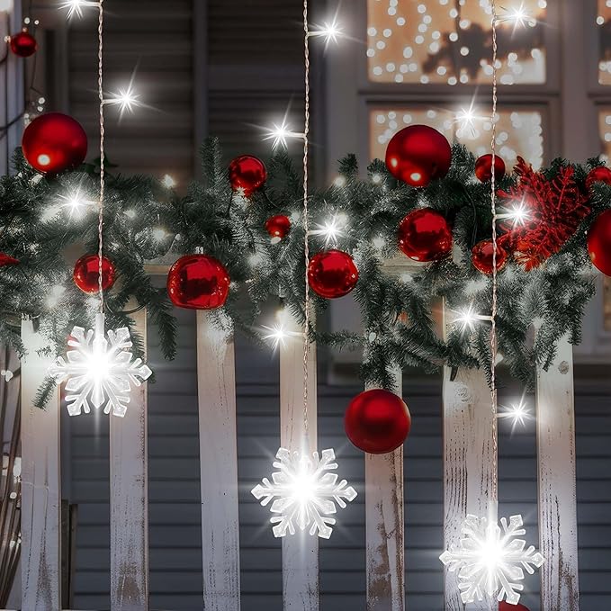 Christmas White Icicle Lights with Snowflake, 150 LED Curtain Lights with 8 Lighting Modes, Plug in Twinkle Lights for Home Christmas Wedding Party Decoration