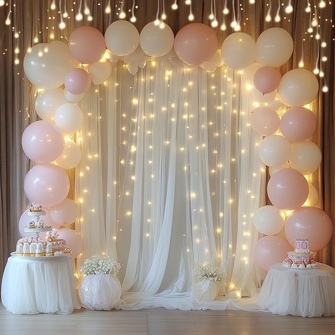 Tulle Backdrop Curtain with Lights String 10FT X 10FT Ivory Sheer Tulle Backdrop Curtains for Wedding Birthday Party Reception Photo Booth Background Decorations (2 Panels 5x10FT)