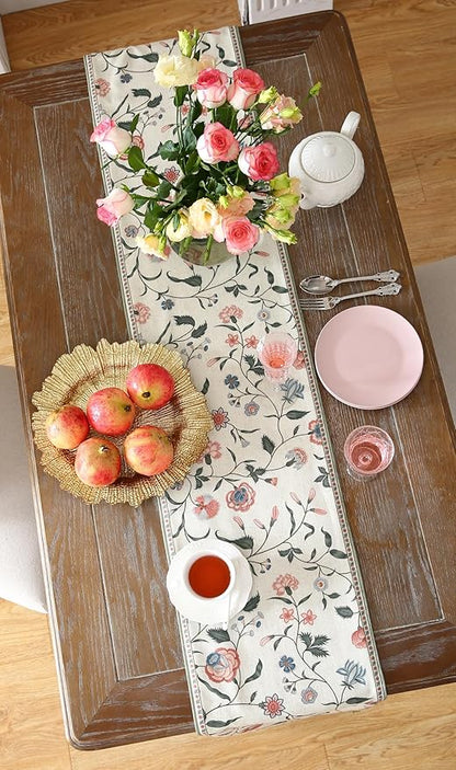 ISAENNE Designer Chinoiserie Elegant Linen Floral Table Runner 87 Inches Long,White Wrinkle Resistant Table Runners for Dining Tables,Thanksgiving,Kitchen Tables,Christmas,12"*87"-Daffy A