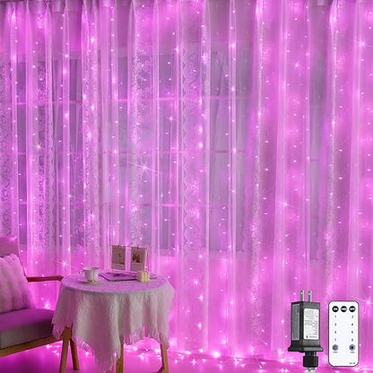 JMEXSUSS 300 LED Curtain Lights Plug in with Remote, 9.8X9.8FT Pink Christmas Lights Indoor, 8 Modes Pink String Lights for Bedroom Window Wall Party Backdrop Xmas Valentine Decorations